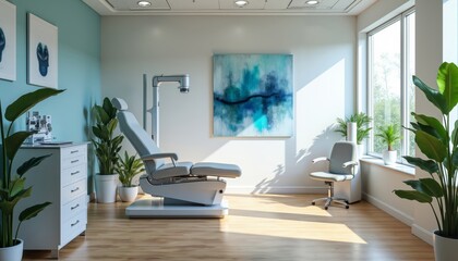 Modern Medical Examination Room with High-Tech Equipment and Art.