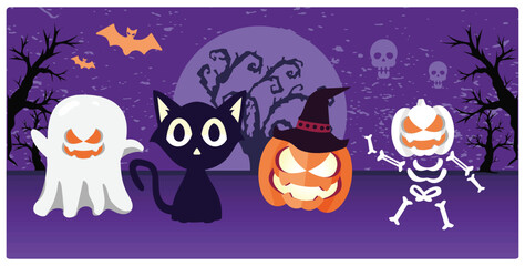 Cute Halloween party costume. Ghosts, cats, pumpkins and skulls. Halloween concept. Flat vector illustration.