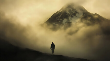 A ghostly figure wandering the fog-laden mountains at dusk.