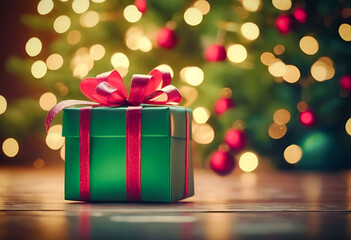 A festive green gift box with a red ribbon on a wooden surface, surrounded by blurred golden lights and Christmas ornaments, creating a holiday atmosphere.