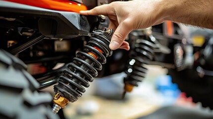 Naklejka premium Hand Adjusting a Black Spring on a Vehicle Suspension System