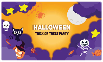 Halloween party on a full moon night. Cute skulls, pumpkins, cats, and spiders in night clouds. Halloween concept. Flat vector illustration.