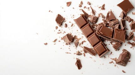 Fototapeta premium A broken chocolate bar with scattered pieces on a white background.
