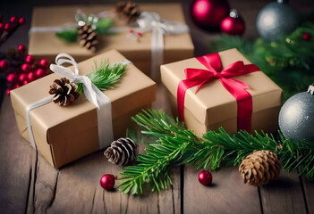 A festive green gift box with a red ribbon on a wooden surface, surrounded by blurred golden lights and Christmas ornaments, creating a holiday atmosphere.