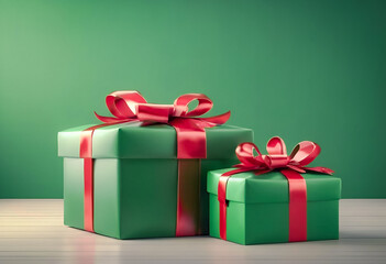 Obraz premium A festive green gift box with a red ribbon on a wooden surface, surrounded by blurred golden lights and Christmas ornaments, creating a holiday atmosphere.