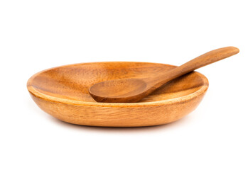 Wooden bowl and wood spoon on white background