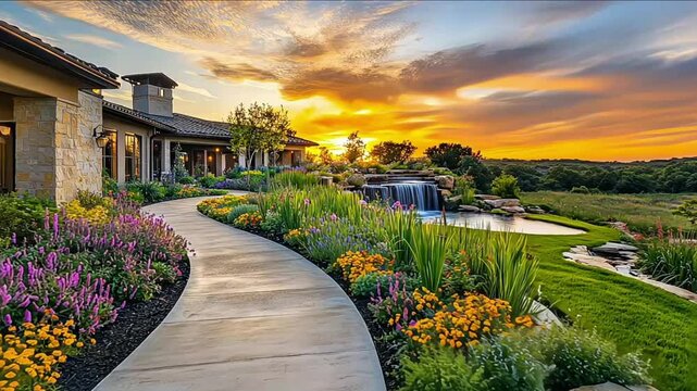 A serene garden with a mix of colorful flowers, water features, and stone pathways, demonstrating the elegance of landscape architecture
