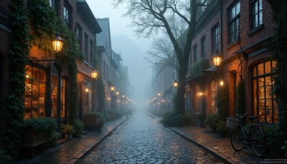 Fototapeta premium Foggy Cobblestone Street with Vintage Lamps and Historic Buildings