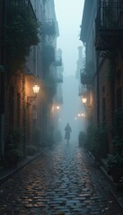 Fototapeta premium Foggy Cobblestone Street with Historic Buildings and Vintage Lamps