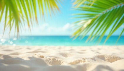 Fototapeta premium Sandy tropical beach with palm leaves hanging in the frame.