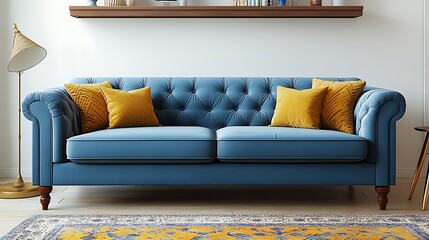A modern living room with a light blue sofa wooden