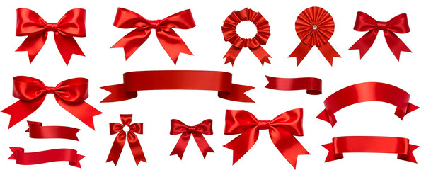 Red Ribbon and Bow Collection: A vibrant set of red ribbons and bows, perfect for adding a festive touch to your designs.  Various styles and shapes are included for versatile use.