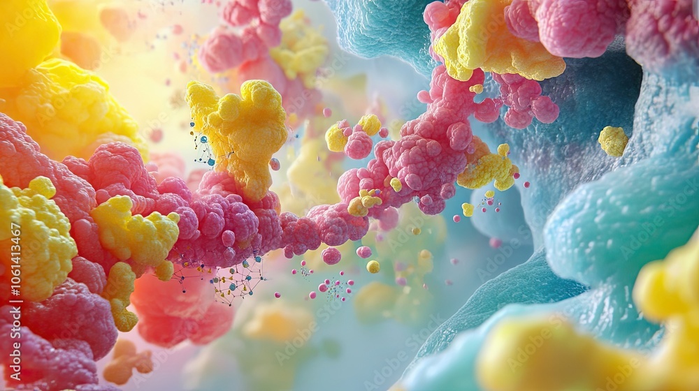 Poster abstract 3d rendering of colorful, organic shapes and molecular structures