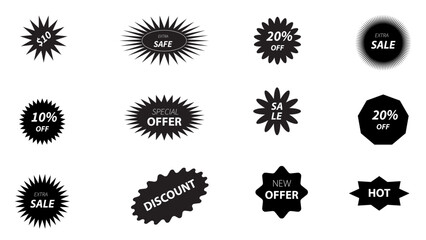 Fototapeta premium Black starbursts and promotional badges set . Black round price stickers, sunburst promo tags, retro discount emblems. Sale star special offer stamps, advertising labels isolated on white background