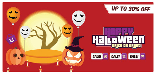 Halloween sales promotion with product display podium. Halloween pumpkin with balloons and shopping bags. Halloween Party concept. Flat vector illustration.