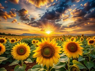 Fototapeta premium Golden Sunset Over Sunflower Field: A Candid Photography Masterpiece of Nature's Vibrant Beauty