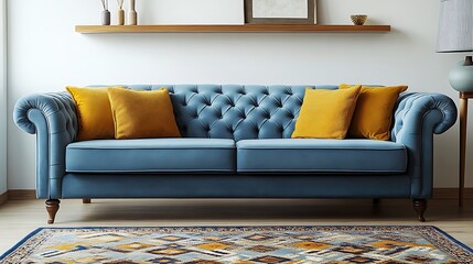 A modern living room with a light blue sofa wooden
