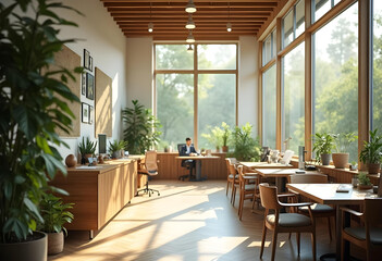 Obraz premium bright and spacious office with large windows, plants, and wooden furniture creates serene work environment. person is focused on their tasks, surrounded by natural light and greenery