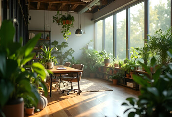 bright and airy indoor space filled with lush green plants, featuring wooden table and chairs, creating serene and inviting atmosphere