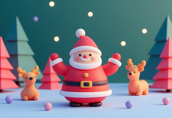 Fototapeta premium cheerful Santa Claus figure joyfully celebrates Christmas in snowy forest with playful reindeer and colorful trees