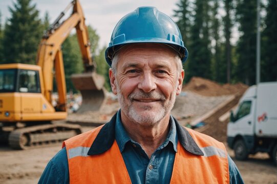 Close portrait of a smiling senior Russian man construction worker looking at the camera, Russian outdoors construction site blurred background