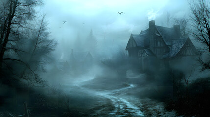 A ghostly village hidden in the fog, memories of the past linger.