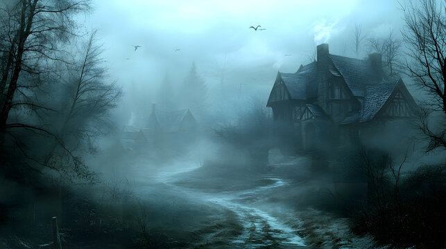 A ghostly village hidden in the fog, memories of the past linger.