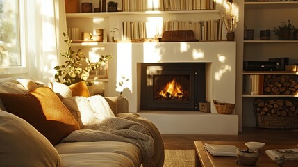 Fototapeta premium Cozy Living Room with Fireplace, Bookshelves, and a Couch