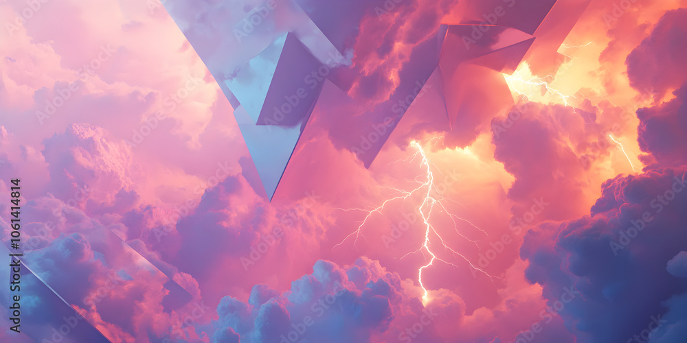 Poster lightning strikes through clouds: a dramatic abstract image featuring vibrant pink and orange clouds