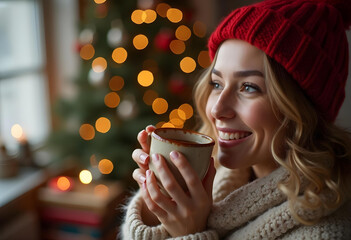Cozy woman in red hat enjoying warm drink by festive tree