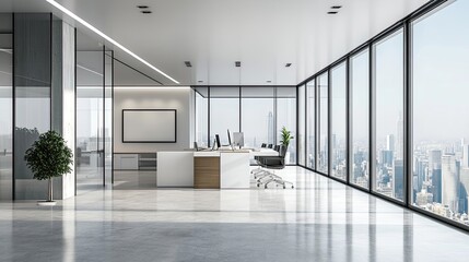 Modern office interior with panoramic city view and a desk