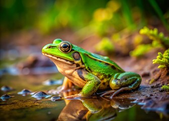 Naklejka premium Green Frog in Muddy Habitat: A Close-Up of Nature's Resilience with Copy Space for Text or Design Elements