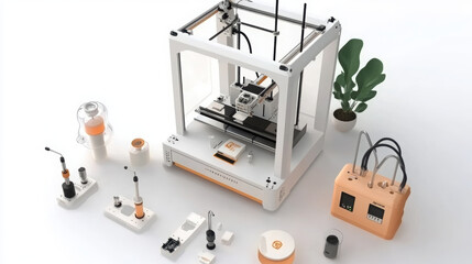Fototapeta premium modern 3D printer setup on clean workspace, featuring various tools and accessories, including plant for touch of nature. This innovative environment inspires creativity and productivity