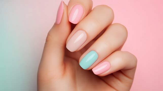 Elegant pink and blue manicure on a woman's hand, stylish modern nail art design for spring