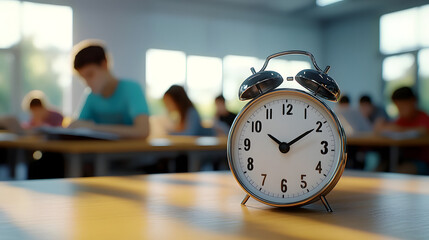 Classic alarm clock on desk in classroom with students studying in background.