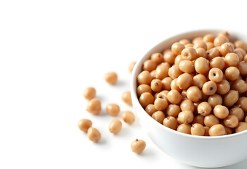 Bowl of beige grains on white background, showcasing natural textures and simplicity. Perfect for...