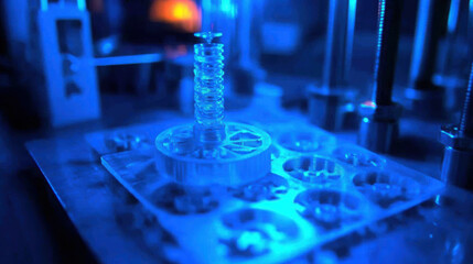 Detailed close up of small intricate 3D printed component in blue lighting, showcasing its design and texture. image captures precision of modern manufacturing techniques