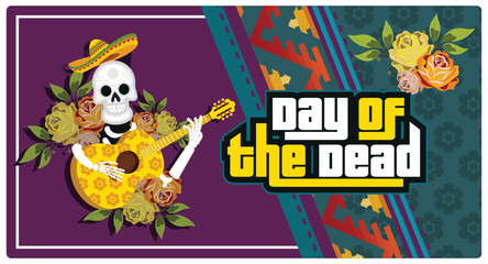 Human skeleton playing guitar. Sugar skull with sombrero and marigold wreath. Day Of The Dead concept. Flat vector illustration.