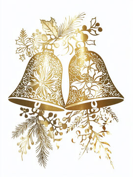 recommend clip art: A beautiful pair of Christmas bells in a shimmering gold silhouette, floral design, holly, and delicate berries. Each floral and leaf detail has a metallic gold effect against a white background.