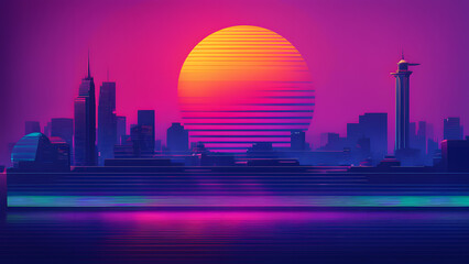 A city skyline with a large orange sun in the background