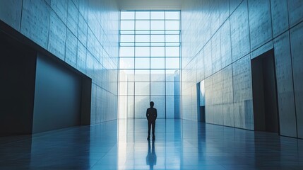 Fototapeta premium A Man Stands in a Modern Lobby with a Large Window