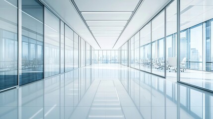 Modern Office Corridor with Floor-to-Ceiling Windows and a City View