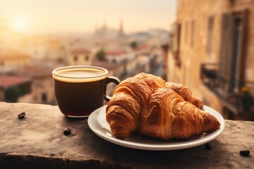Delight in a cozy italian cafe  aromatic coffee, fresh croissants, and vibrant fruits for breakfast