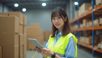 Confident Young Asian Woman in Safety Vest Observing Warehouse Storage
