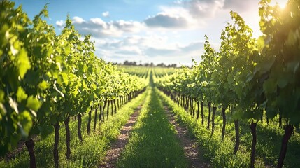 Naklejka premium Sunlit Path Through Lush Green Grapevines in a Vineyard