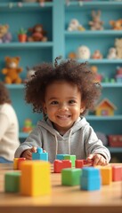 Joyful Young Girl with Curly Hair Surrounded by Colorful Toy Blocks