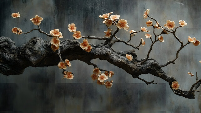 A gnarled tree branch adorned with dried blossoms.