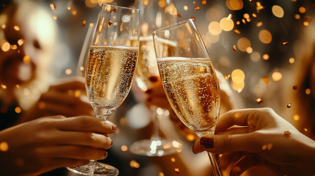 Grund zu feiern | Vier Personen sto&szlig;en mit ihren Sektgl&auml;sern an.