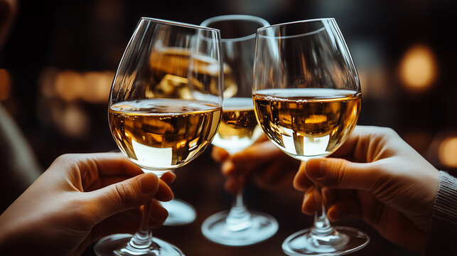 Drei Personen trinken Wei&szlig;wein und sto&szlig;en gemeinsam mit ihren Gl&auml;sern an