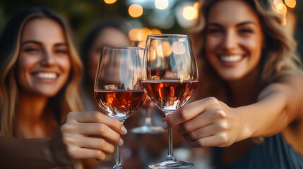 Gruppe junger Frauen stößt auf Gartenparty mit ihren Weingläsern an
